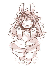 Rule 34 | 1girl, ^ ^, animal ears, blush, closed eyes, commentary request, cosplay, crossover, ears through headwear, fake horns, furry, furry female, hands up, hat, helmet, hinata yukari, horned helmet, horns, long hair, made in abyss, nanachi (made in abyss), nanachi (made in abyss) (cosplay), open mouth, simple background, sketch, smile, solo, tatsunokosso, topless, white background, yuyushiki