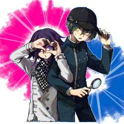 Rule 34 | 2boys, black hair, black headwear, black jacket, black pants, blue background, buttons, checkered clothes, checkered scarf, cowboy shot, cropped legs, cropped torso, danganronpa (series), danganronpa v3: killing harmony, double-breasted, hair between eyes, hands up, highres, jacket, long sleeves, looking at viewer, magnifying glass, male focus, multicolored background, multiple boys, oma kokichi, one eye closed, open mouth, pants, pink background, purple eyes, purple hair, saihara shuichi, scarf, short hair, smile, sweatdrop, teeth, upper teeth only, yako (ycaisola), yellow eyes