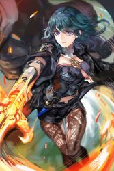 Rule 34 | 1girl, armor, black shirt, black shorts, blouse, blue eyes, blue hair, boots, brown pantyhose, byleth (female) (fire emblem), byleth (fire emblem), cape, cleavage cutout, closed mouth, clothing cutout, dagger, fire emblem, fire emblem: three houses, hair between eyes, high heel boots, high heels, highres, holding, holding sword, holding weapon, knife, kokouno oyazi, lace, lace-trimmed legwear, lace trim, medium hair, nintendo, pantyhose, pantyhose under shorts, sheath, sheathed, shirt, short shorts, shorts, solo, sword, weapon