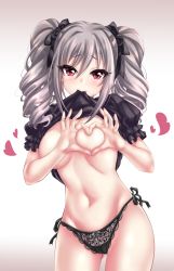 Rule 34 | 1girl, black panties, blush, breasts, commentary request, drill hair, frilled panties, frills, hair ribbon, heart, heart-shaped boob challenge, heart hands, highres, idolmaster, idolmaster cinderella girls, idolmaster cinderella girls starlight stage, kanzaki ranko, long hair, looking at viewer, medium breasts, navel, panties, red eyes, ribbon, shashaki, silver hair, smile, solo, twin drills, twintails, underwear