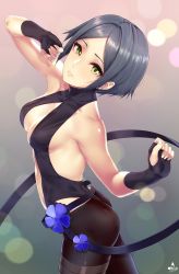 Rule 34 | 1girl, arm up, ass, bare shoulders, black gloves, black hair, black pantyhose, breasts, cleavage, cosplay, cowboy shot, fate/prototype, fate/prototype: fragments of blue and silver, fate (series), fingerless gloves, from side, gloves, green eyes, hassan of serenity (fate), hassan of serenity (fate) (cosplay), hayami kanade, highres, idolmaster, idolmaster cinderella girls, infinote, leotard, lips, looking at viewer, medium breasts, pantyhose, parted bangs, parted lips, short hair, sidelocks, smile, solo