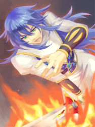 Rule 34 | 1boy, aki (rapture55), bad id, bad pixiv id, blue hair, dymlos timber, fire, green eyes, long hair, male focus, open mouth, solo, sword, tales of (series), tales of destiny, upper body, weapon
