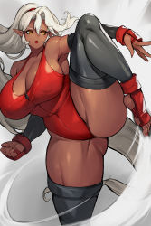 Rule 34 | 1girl, absurdres, armpits, bare shoulders, breasts, brown eyes, cleavage, clenched hand, commentary, curvy, dark-skinned female, dark elf, dark skin, elf, fighting stance, gloves, grey hair, gurimjang, highleg, highleg leotard, highres, kicking, large breasts, leg up, leotard, lips, long hair, open mouth, original, pointy ears, ponytail, red leotard, shiny clothes, shiny skin, simple background, thighhighs, thighs, toeless legwear, toes, very long hair, zipper pull tab