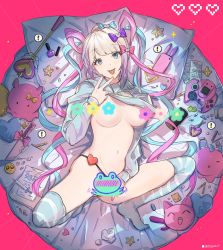 Rule 34 | 1girl, :p, ame-chan (needy girl overdose), blonde hair, blue eyes, blue hair, bow, cellphone, censored, chouzetsusaikawa tenshi-chan, clothes lift, condom, condom wrapper, convenient censoring, drugs, egg vibrator, hair bow, highres, kaeru (qingwali), long hair, lying, midriff, nail polish, navel, needy girl overdose, on back, phone, pill, pillow, pink hair, round image, school uniform, serafuku, sex toy, shirt lift, solo, striped clothes, striped thighhighs, stuffed animal, stuffed toy, syringe, thighhighs, tongue, tongue out, twintails, v, vibrator, wand