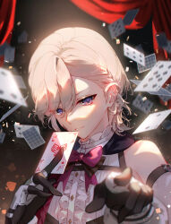 Rule 34 | 1boy, ace (playing card), ace of hearts, androgynous, black gloves, blonde hair, bow, braid, card, detached sleeves, genshin impact, gloves, hair over one eye, heart, highres, lyney (genshin impact), male focus, medium hair, nai pizx, playing card, purple eyes, red bow, red curtains, shirt, smile, solo, teeth, twitter username, white shirt