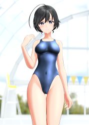 Rule 34 | 1girl, absurdres, ahoge, black eyes, black hair, blue one-piece swimsuit, blurry, blurry background, breasts, commentary request, competition swimsuit, covered navel, cowboy shot, girls und panzer, highres, indoors, isuzu hana, long hair, medium breasts, one-piece swimsuit, solo, string of flags, swimsuit, takafumi, thigh gap, updo