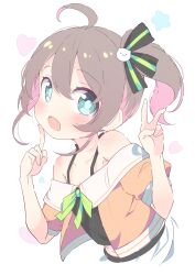 Rule 34 | 1girl, :d, absurdres, ahoge, bare shoulders, black camisole, blue eyes, blush, bow, brown hair, brown jacket, camisole, cat hair ornament, collarbone, commentary request, cropped torso, fang, green bow, hair between eyes, hair ornament, hands up, heart, highres, hololive, jacket, looking at viewer, multicolored hair, natsuiro matsuri, natsuiro matsuri (1st costume), off-shoulder jacket, off shoulder, okota mikan, open mouth, pink hair, puffy short sleeves, puffy sleeves, short sleeves, side ponytail, simple background, skirt, smile, solo, star (symbol), two-tone hair, upper body, v, virtual youtuber, white background, white skirt