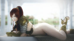 Rule 34 | 1girl, 3d, armor, blurry, bottomless, brown hair, depth of field, egyptian, egyptian clothes, female pubic hair, from side, green eyes, high heels, highres, looking at viewer, lying, on side, original, pauldrons, ponytail, pubic hair, ryanreos, shoulder armor, sidelocks, smile, solo, vambraces