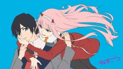 Rule 34 | 10s, 1boy, 1girl, black hair, black pantyhose, blue eyes, chama kou, commentary request, couple, darling in the franxx, green eyes, hand on another&#039;s face, hetero, hiro (darling in the franxx), holding another&#039;s arm, horns, hug, hug from behind, long hair, looking at another, military, military uniform, necktie, oni horns, orange neckwear, pantyhose, pink hair, red neckwear, short hair, signature, uniform, zero two (darling in the franxx)