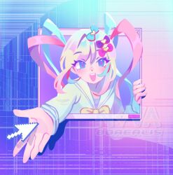 Rule 34 | 1girl, :d, blonde hair, blue bow, blue eyes, blue hair, blue shirt, blush, bow, chouzetsusaikawa tenshi-chan, commentary, cursor, english commentary, hair bow, hair ornament, heart, heart hair ornament, long sleeves, looking at viewer, multicolored hair, multiple hair bows, needy girl overdose, nova borealis, open mouth, outstretched arm, pink bow, pink hair, purple bow, quad tails, reaching, reaching towards viewer, sailor collar, shirt, smile, solo, twintails, upper body, window (computing), yellow bow