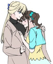 2girls a_jak black_sweater blonde_hair blue_eyes blue_shirt blush brown_coat brown_hair closed_mouth coat commentary_request hair_ornament hair_scrunchie hand_on_another&#039;s_chest highres korean_commentary long_hair looking_at_another multiple_girls nekoyashiki_mayu nekoyashiki_yuki pink_eyes precure scrunchie shared_clothes shared_coat shirt side_ponytail smile sweater trench_coat turtleneck turtleneck_sweater white_background wonderful_precure! yellow_shirt yuri