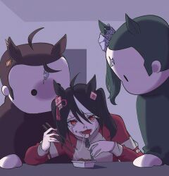 Rule 34 | 1girl, 2others, ahoge, animal ears, black hair, blank room soup, brown hair, chopsticks, commentary, cosplay, crying, crying with eyes open, duramente (umamusume), ear ornament, eyes visible through hair, food, food in mouth, food on face, green hair, highres, holding, holding chopsticks, horse ears, horse girl, jacket, kigurumi, kitasan black (umamusume), long sleeves, looking down, multicolored hair, multiple others, nattou, obushideian, rayray, red eyes, red jacket, satono crown (umamusume), shaded face, short hair, streaming tears, tears, track jacket, two-tone hair, two side up, umamusume, upper body, white hair, zipper, zipper pull tab