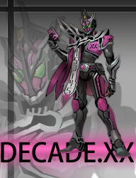 Rule 34 | 1boy, armor, armored boots, asymmetrical armor, belt, black gloves, bodysuit, boots, cellphone, complete form, complete form 21, cowboy shot, gauntlets, gloves, green eyes, heisei, helmet, highres, holding, holding phone, kamen rider, kamen rider dcd, kamen rider decade, kamen rider zi-o (series), looking at viewer, male focus, mecha, pauldrons, phone, rcj, redesign, reiwa, rider belt, robot, shoulder armor, side cape, single pauldron, smartphone, solo, standing, tokusatsu, zoom layer