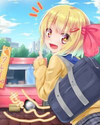 Rule 34 | + +, 1girl, :d, alternate costume, arm up, bag, banner, blonde hair, blue sailor collar, blue sky, blurry, blurry background, carrying over shoulder, cityscape, cloud, commentary request, crepe, day, fang, food, food truck, hair ornament, hair ribbon, hairclip, highres, looking at viewer, looking back, notice lines, open mouth, outdoors, plaid, plaid skirt, pointing, red eyes, ribbon, rody (hayama yuu), rumia, sailor collar, school bag, school uniform, sett, short hair, sign, skin fang, skirt, sky, sleeves past wrists, smile, solo, sparkle, standing, stomach growling, sweater, touhou, upper body, yellow sweater