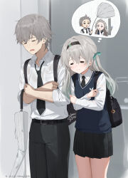 1boy 1girl =_= alternate_costume artist_name auui belt black_bag black_belt black_hairband black_necktie black_pants black_skirt blue_sweater_vest broken_umbrella caelus_(honkai:_star_rail) crossed_arms firefly_(honkai:_star_rail) frown grey_hair hairband highres honkai:_star_rail honkai_(series) long_hair necktie pants pleated_skirt school_uniform shirt skirt speech_bubble spoken_character sweater_vest thought_bubble trailblazer_(honkai:_star_rail) umbrella wet wet_clothes wet_shirt white_shirt white_umbrella