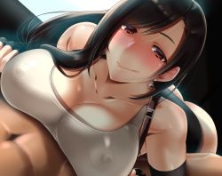 Rule 34 | 1boy, 1girl, absurdres, andou you, ass, bare shoulders, black hair, black skirt, blush, breasts, brown eyes, cleavage, closed mouth, clothed female nude male, collarbone, crop top, earrings, final fantasy, final fantasy vii, final fantasy vii remake, fingerless gloves, gloves, highres, jewelry, large breasts, licking lips, long hair, looking at viewer, miniskirt, naughty face, nipples, nude, panties, pov, shirt, skirt, sleeveless, sleeveless shirt, smile, standing, stomach, suspenders, tank top, tifa lockhart, tongue, tongue out, underwear, white shirt