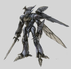 Rule 34 | bellvine, fantasy, grey background, highres, holding, holding sword, holding weapon, insect wings, mecha, no humans, open hand, otsu (outsunaruse), robot, seisenshi dunbine, solo, standing, sword, weapon, white eyes, wings