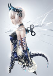 Rule 34 | 1girl, absurdres, albino, arched back, bare shoulders, belt, black gloves, blue ribbon, bouno satoshi, buckle, closed mouth, detached collar, detached sleeves, eyelashes, frills, gears, gem, gloves, gradient background, highres, horns, lace, lace-trimmed collar, lace-trimmed sleeves, lace-up, lace trim, leather, nail, original, profile, red eyes, ribbon, ribs, scale, scales, short hair, sleeves past wrists, solo, stitches, string, tail, upper body, white hair, winding key