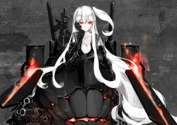 Rule 34 | 1girl, absurdly long hair, abyssal ship, aircraft carrier oni, armored boots, black background, boots, bracer, breasts, head rest, cleavage, collarbone, colored skin, commentary request, gauntlets, glowing smoke, graphite (medium), high heel boots, high heels, kantai collection, large breasts, legs up, long hair, looking to the side, lying, neko (ganecooo), on stomach, sabaton, sailor collar, side ponytail, solo, teeth, traditional media, turret, vambraces, very long hair, white hair, white skin, yellow eyes