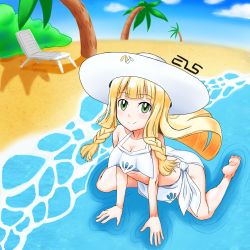 Rule 34 | 1girl, absurdres, artist name, bare shoulders, barefoot, beach, bikini, blonde hair, blue bikini, blue sky, blunt bangs, blush, braid, breasts, bush, chair, closed mouth, cloud, collarbone, creatures (company), day, female focus, full body, game freak, green eyes, happy, hat, highres, kneeling, leaning forward, lillie (pokemon), long hair, looking at viewer, medium breasts, nintendo, ocean, outdoors, palm tree, pokemon, pokemon (anime), pokemon sm (anime), sand, sarong, shougun (chuckni1), signature, sky, smile, solo, spread legs, sun hat, swimsuit, tree, twin braids, water, white hat, white sarong
