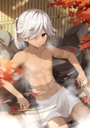 Rule 34 | 1boy, arm tattoo, closed mouth, cyno (genshin impact), dark-skinned male, dark skin, genshin impact, hair over one eye, highres, iroiro 0w0, leaf, long hair, looking at viewer, male focus, maple leaf, muscular, muscular male, navel, onsen, ponytail, red eyes, solo, stomach, tattoo, topless male, towel around waist, water, white hair