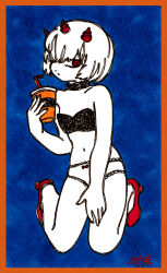 Rule 34 | 1girl, blue background, bra, collar, cup, disposable cup, drink, hair over one eye, high heels, highres, holding, holding drink, horns, kneeling, limited palette, looking to the side, mitsuno (northeast mountain), multiple horns, navel, original, panties, pumps, red eyes, short hair, underwear, yamakita higashi