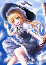 Rule 34 | 1girl, :d, absurdres, black hat, black skirt, blonde hair, blue sky, bow, braid, broom, broom riding, cloud, commentary, hair bow, hat, hat bow, highres, kirisame marisa, looking at viewer, open mouth, outdoors, shirt, short sleeves, side braid, single braid, skirt, sky, smile, solo, tabiji (tabiji s), touhou, white bow, white shirt, yellow eyes