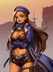 Rule 34 | 1girl, aged down, ana (overwatch), backlighting, belt, belt buckle, beret, black corset, breast hold, breasts, brown eyes, brown hair, buckle, building, captain amari, cleavage, coat, corset, cowboy shot, crossed arms, dark-skinned female, dark skin, desert, earrings, eyeliner, eyepatch, facial mark, facial tattoo, hat, jewelry, large breasts, lipstick, long hair, looking at another, makeup, midriff, navel, official alternate costume, open clothes, open coat, orange sky, outdoors, overwatch, overwatch 1, parted lips, qi kou, red lips, short shorts, shorts, sky, solo, statue, stud earrings, tattoo, very long hair