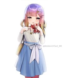Rule 34 | 1girl, alternate costume, blue skirt, blush, box, collarbone, feet out of frame, gift, gift box, gradient hair, hair ornament, hairclip, heart, heart-shaped pupils, holding, holding gift, jewelry, kantai collection, long hair, long sleeves, looking at viewer, mole, mole under eye, multicolored hair, necklace, off-shoulder shirt, off shoulder, open mouth, pleated skirt, purple hair, shirt, simple background, skirt, smile, solo, symbol-shaped pupils, tsushima (kancolle), twitter username, unidentified nk, valentine, white background, yellow eyes