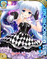 Rule 34 | 1girl, black dress, blue eyes, blunt bangs, brown background, card, character name, checker pattern, checkered clothes, checkered legwear, dress, girlfriend (kari), idol, indoors, miss monochrome, miss monochrome (character), night, official art, open mouth, purple background, qp:flapper, skirt, smile, solo, standing, tagme, thighhighs, twintails, white footwear, white hair