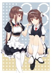 Rule 34 | 2girls, absurdres, black footwear, breasts, brown hair, closed mouth, crossed legs, even (even yiwen), girls&#039; frontline, hair ornament, hair ribbon, hairband, hairpin, highres, js 9 (girls&#039; frontline), long hair, looking at another, looking at viewer, maid, medium breasts, multiple girls, pantyhose, red eyes, red neckwear, ribbon, sidelocks, small breasts, socks, twintails, type 79 (girls&#039; frontline), white hairband, white legwear, white ribbon, yuri
