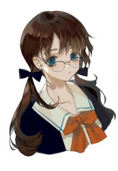 Rule 34 | 1girl, absurdres, bad id, bad pixiv id, bandaged neck, bandages, black-framed eyewear, blue bow, blue eyes, blue jacket, blush, bow, bowtie, brown hair, closed mouth, collarbone, collared shirt, cropped torso, earrings, glasses, hair bow, highres, jacket, jewelry, long hair, looking at viewer, low twintails, myoushun, open clothes, open jacket, orange bow, orange bowtie, original, over-rim eyewear, school uniform, semi-rimless eyewear, shirt, simple background, solo, twintails, white background, white shirt