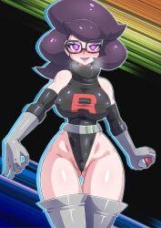 Rule 34 | 1girl, absurdres, adapted costume, alternate costume, big hair, black leotard, breast press, breasts, corruption, covered erect nipples, creatures (company), curvy, game freak, gen 1 pokemon, glasses, gloves, glowing, glowing eyes, heavy breathing, highleg, highleg leotard, highres, holding, holding poke ball, hypnosis, large breasts, leotard, long hair, mind control, nintendo, nipples, no0o0n0o0on, partially visible vulva, pink eyes, poke ball, poke ball (basic), pokemon, pokemon bw, purple hair, revealing clothes, shiny clothes, shiny skin, skin tight, smile, solo, standing, team rocket, team rocket uniform, thick thighs, thighhighs, thighs, twintails, very long hair, wicke (pokemon), wide hips