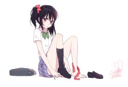 Rule 34 | 10s, 14 (vision5032), 1girl, bad id, bad pixiv id, barefoot, black hair, blouse, dressing, feet, full body, long legs, looking at viewer, love live!, love live! school idol project, plaid, plaid skirt, pleated skirt, pouty lips, red eyes, school uniform, shirt, shoes, short sleeves, short twintails, simple background, single shoe, single sock, sitting, skirt, socks, solo, thighs, twintails, white background, white shirt, yazawa nico