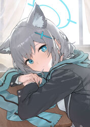 Rule 34 | 1girl, absurdres, animal ear fluff, animal ears, aqua scarf, black coat, blazer, blue archive, blue eyes, blue halo, classroom, coat, commentary, cross, cross hair ornament, curtains, desk, hair ornament, halo, hand on table, head rest, highres, indoors, inverted cross, jacket, light blush, long sleeves, looking at viewer, mismatched pupils, open clothes, open coat, parted lips, scarf, school desk, school uniform, shiroko (blue archive), solo, upper body, wolf ears, wolf girl, yakihoko