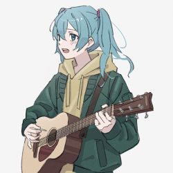 Rule 34 | 1girl, acoustic guitar, blue hair, drawstring, green jacket, grey background, guitar, hatsune miku, highres, holding, holding instrument, holding plectrum, hood, hood down, hoodie, instrument, jacket, long hair, long sleeves, looking to the side, mele ck, music, open mouth, playing instrument, plectrum, pocket, sidelocks, simple background, solo, twintails, upper body, vocaloid, yellow hoodie