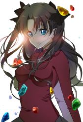 Rule 34 | 1girl, black bow, black hair, blue eyes, bow, breasts, closed mouth, fate/stay night, fate (series), floating hair, hair between eyes, hair bow, highres, katakonpe, long hair, looking at viewer, medium breasts, red shirt, shirt, solo, tohsaka rin, upper body, very long hair, white background