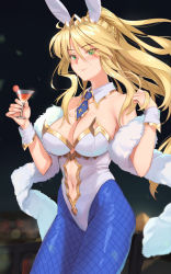Rule 34 | 1girl, absurdres, animal ears, artoria pendragon (all), artoria pendragon (fate), artoria pendragon (swimsuit ruler) (fate), bare shoulders, blonde hair, blue pantyhose, blurry, blurry background, blush, breasts, cleavage, closed mouth, cocktail, cocktail glass, collarbone, commentary request, crown, cup, detached collar, drinking glass, fake animal ears, fate/grand order, fate (series), fingernails, fishnet pantyhose, fishnets, green eyes, hair between eyes, hair ornament, hands up, highres, holding, large breasts, leotard, lips, long hair, maru (maru1625), navel, necktie, pantyhose, playboy bunny, rabbit ears, shiny clothes, simple background, solo, strapless, strapless leotard, very long hair, white background, wrist cuffs