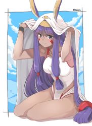 Rule 34 | 1girl, absurdres, amu (258shin), bare arms, bare legs, blunt bangs, breasts, closed mouth, commentary request, dark-skinned female, dark skin, earrings, facial mark, fate (series), hairband, highres, hoop earrings, jewelry, large breasts, long hair, looking at viewer, nitocris (fate), nitocris (swimsuit assassin) (second ascension) (fate), one-piece swimsuit, purple eyes, purple hair, sidelocks, sitting, smile, solo, swimsuit, twitter username, very long hair, white one-piece swimsuit, yokozuwari