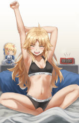 Rule 34 | 1girl, ahoge, alternate hairstyle, armpits, arms up, artoria pendragon (all), artoria pendragon (fate), barefoot, black panties, black sports bra, blonde hair, breasts, cleavage, closed eyes, collarbone, fate/apocrypha, fate/stay night, fate (series), highres, jewelry, lipstick mark, long hair, mordred (fate), mordred (fate/apocrypha), navel, necklace, open mouth, panties, parted bangs, saber (fate), sidelocks, sitting, small breasts, solo, sports bra, stretching, stuffed toy, tonee, underwear, waking up, yawning