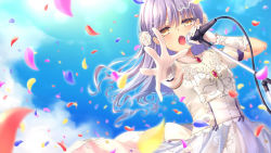 Rule 34 | 1girl, :o, bang dream!, brooch, chiyonekoko, commentary, day, dress, english commentary, floral print, flower, gloves, hair flower, hair ornament, holding, holding microphone, jewelry, looking at viewer, microphone, microphone stand, minato yukina, music, outdoors, outstretched hand, petals, rose, short sleeves, silver hair, singing, solo, white dress, white flower, white gloves, white rose, yellow eyes