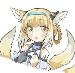 Rule 34 | animal ear fluff, animal ears, arknights, az84997592, bare shoulders, black gloves, blue hairband, blush stickers, braid, braided hair rings, colored tips, commentary request, cropped torso, earpiece, fox ears, fox girl, fox tail, gloves, hair rings, hairband, highres, kitsune, kyuubi, material growth, multicolored hair, multiple tails, open mouth, oripathy lesion (arknights), single glove, solo, suzuran (arknights), tail, twin braids, two-tone hair, white hair, yellow eyes