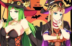 Rule 34 | 2girls, absurdres, bad id, bad twitter id, bare shoulders, bat (animal), blonde hair, blue eyes, breasts, cape, cleavage, closed mouth, commentary, cosplay, crossover, dress, female focus, green eyes, green hair, halloween, hat, highres, jewelry, kid icarus, large breasts, long hair, looking at viewer, matching hair/eyes, multiple girls, necklace, nintendo, one eye closed, palutena, pointy ears, princess zelda, pumpkin, smile, standing, super smash bros., the legend of zelda, the legend of zelda: a link between worlds, tiara, tomas (kaosu22), upper body, very long hair, wand, wink, witch hat