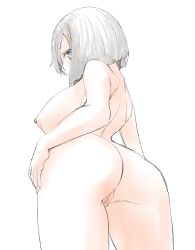 Rule 34 | 1girl, 30-06, ass, back, blue eyes, blush, breasts, censored, cowboy shot, from behind, from below, grey hair, hair ornament, hairclip, hamakaze (kancolle), hand on own hip, highres, kantai collection, large breasts, mosaic censoring, nipples, pussy, short hair, simple background, sketch, solo, white background