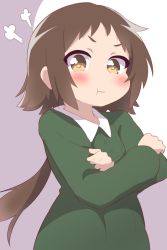 Rule 34 | 1girl, :t, puff of air, bad id, bad twitter id, blush, brown eyes, brown hair, collared dress, commentary request, crossed arms, dress, green dress, hatafuta, long hair, long sleeves, looking at viewer, low ponytail, mikakunin de shinkoukei, mitsumine mashiro, pout, purple background, solo, two-tone background, very long hair, white background