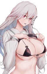 Rule 34 | 1girl, azur lane, bikini, black bikini, breasts, clothes lift, commentary request, dunkerque (azur lane), grey hair, hair ornament, highres, large breasts, long hair, long sleeves, looking at viewer, marshall k, mouth hold, official alternate costume, red eyes, school uniform, shirt lift, swimsuit, upper body