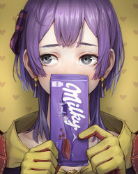 1girl, bernadetta von varley, bow, candy, chocolate, chocolate bar, earrings, eyebrows visible through hair, fire emblem, fire emblem: three houses, food, gloves, green eyes, hair bow, heart, heart background, jewelry, kazuko (towa), looking to the side, medium hair, nintendo, purple hair, solo, yellow background, yellow gloves