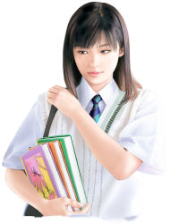 Rule 34 | 1girl, black eyes, black hair, book, necktie, original, realistic, school uniform, solo, yukinoboo
