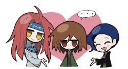 Rule 34 | ..., 3boys, ^ ^, black jacket, black vest, blue capelet, blue eyes, blue headband, brown hair, capelet, chibi, chibi only, chinese commentary, closed eyes, closed mouth, collared shirt, commentary request, enein rundall, green jacket, harada mutei, headband, heart, heart hands, heart hands duo, highres, jacket, lesnuitsblanches, long hair, long sleeves, male focus, medium hair, multiple boys, no nose, open clothes, open jacket, open mouth, red eyes, red hair, saibou shinkyoku, shirt, short hair, smile, spoken ellipsis, utsugi rangiri, vest, white shirt, yellow eyes