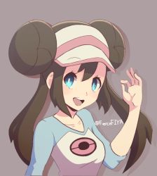 Rule 34 | 1girl, artist name, blue eyes, blue shirt, breasts, bright pupils, brown hair, collarbone, creatures (company), double bun, eyebrows visible through hat, eyelashes, fiercefiya, game freak, grey background, hair bun, hand up, hat, highres, long hair, medium breasts, nintendo, ok sign, open mouth, pink hat, poke ball print, pokemon, pokemon bw2, print shirt, rosa (pokemon), shirt, sidelocks, silhouette, simple background, sleeves past elbows, solo, teeth, twintails, twitter username, upper body, upper teeth only, visor cap, white hat, white pupils, white shirt